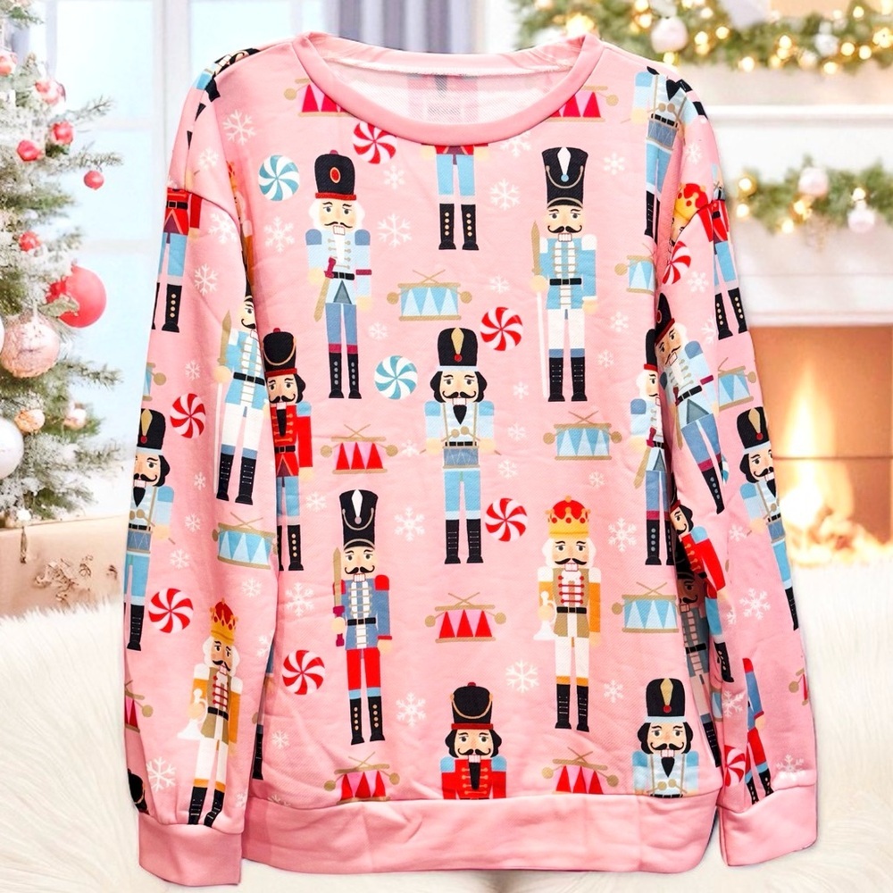NWOT Pink Nutcracker All-Over Print Long Sleeve Sweatshirt Polyester